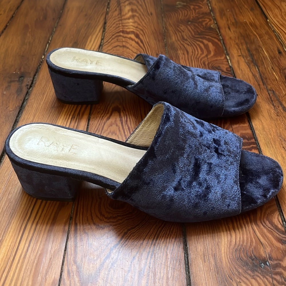 RAYE navy crushed velvet heeled sandals